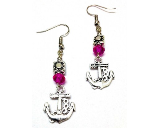 Silver Oxidized Earring - Hook Dangle Drop Long - Fashion Novelty Gift- ANCHOR 2